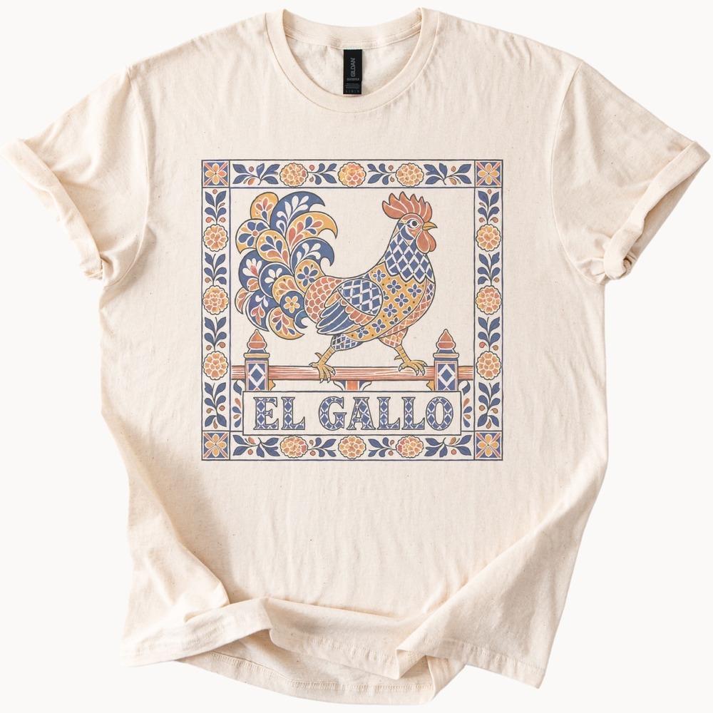 El Gallo Rooster in Talavera Tile Border Tee